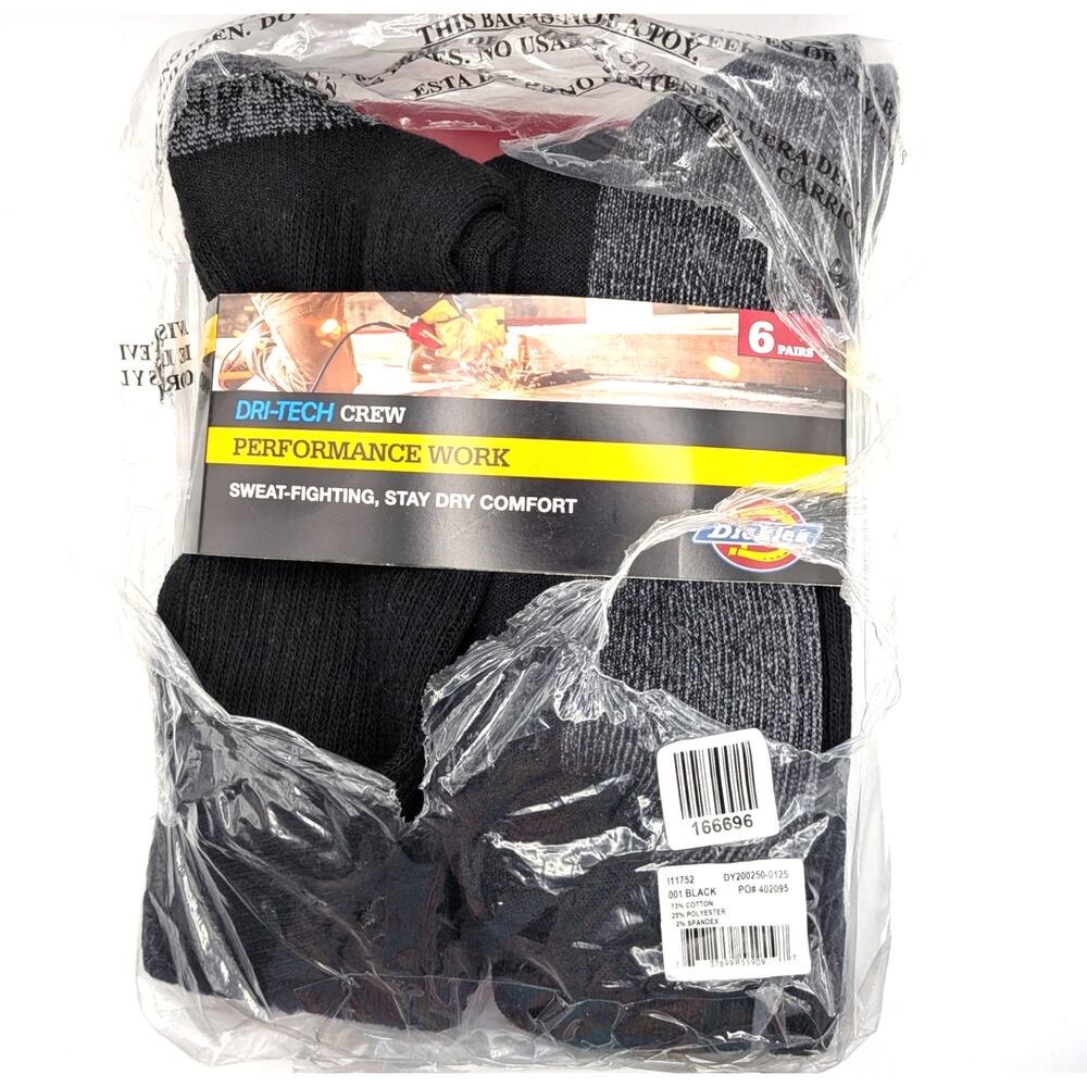 DICKIES Dri-Tech Performance Work Crew Socks Men Black 5 Pair NEW